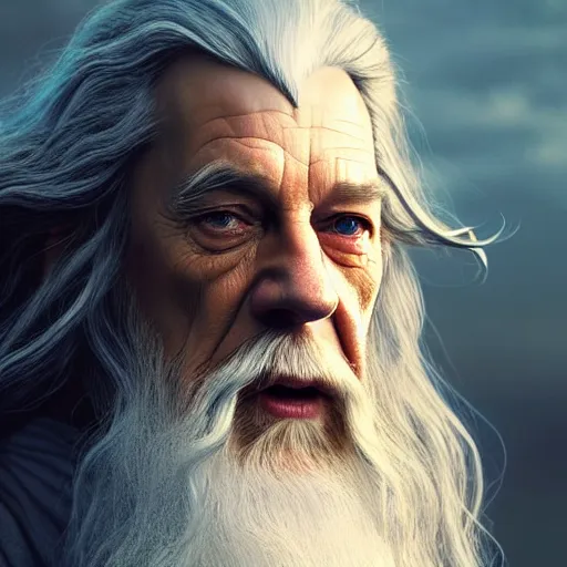 Image similar to selfie of gandalf, fine detailed face, long curly hair, stunning 3 d render inspired art by greg rutkowski and xiang duan and thomas eakes, realistic, highly detailed attributes and atmosphere, dim volumetric cinematic lighting, 8 k octane detailed render, post - processing, masterpiece, golden hour, soft focus