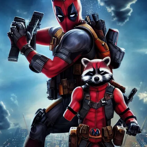 Image similar to rocket raccoon and deadpool together digital art 4 k detailed super realistic