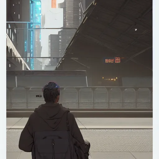 Image similar to a man waiting for a train at a train station, cyberpunk art by tomer hanuka, cgsociety, photorealism, matte drawing, digital illustration, digital painting