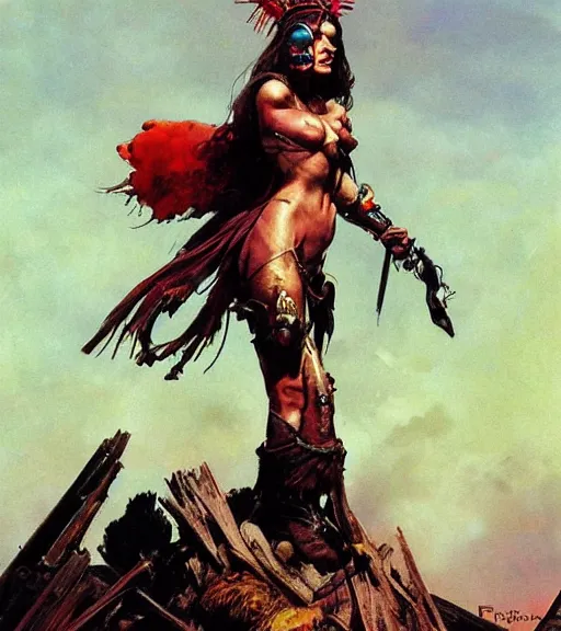 Image similar to mighty princess of the wasteland, scrap metal headdress, strong line, deep color, cloudy sky, beautiful! coherent! by brom, by frank frazetta, low angle