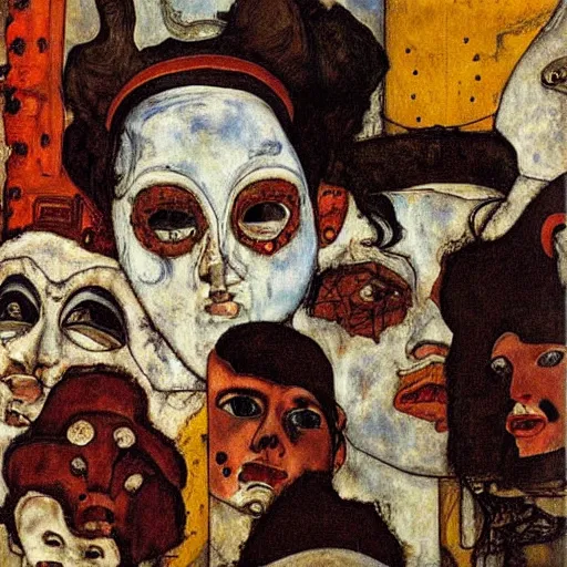 Image similar to carnival masks in narrow crowded streets of Rome, by Egon Schiele