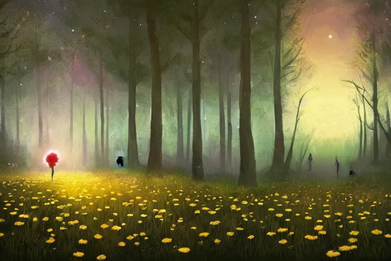 Prompt: large daisy flower over head, girl walking in forest, surreal photography, dark night, stars, moon light, impressionist painting, clouds, digital painting, artstation, simon stalenhag