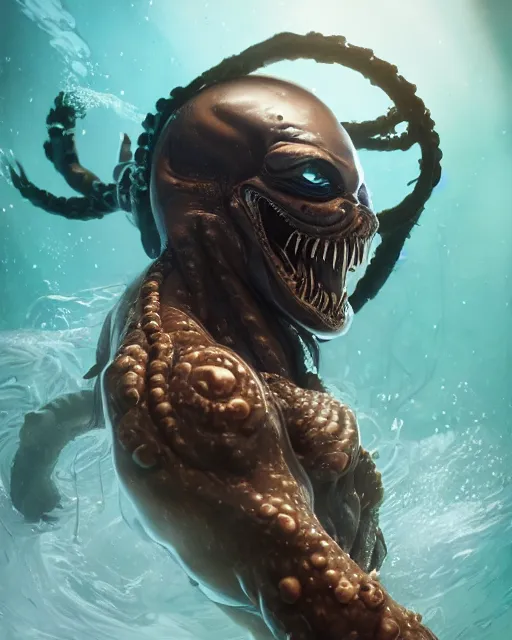 Image similar to underwater pirate portrait of venom, au naturel, hyper detailed, digital art, trending in artstation, cinematic lighting, studio quality, smooth render, unreal engine 5 rendered, octane rendered, art style by klimt and nixeu and ian sprigger and wlop and krenz cushart.