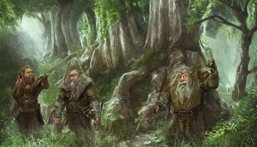 Prompt: the dwarf gimli and the elf legolas in lothlorien, realm of galadriel, artwork, artstation, beautiful setting