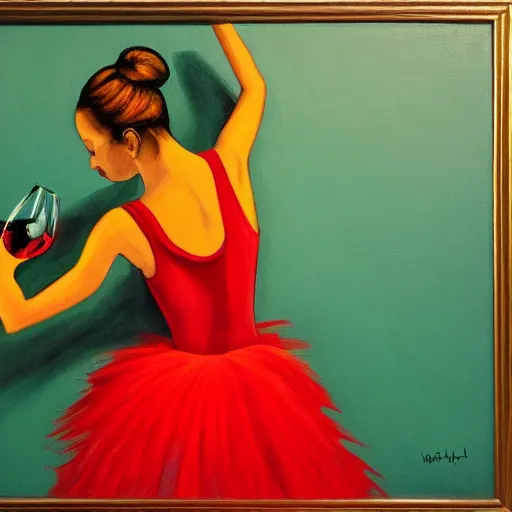 Image similar to painting of a ballerina holding wine in a teal room over a red background