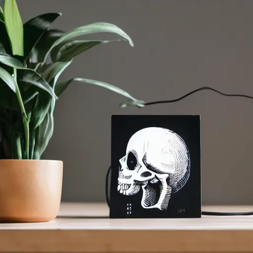 Image similar to black and white linocut print depicting a skull sitting on top of a wifi router on a table, next to a plant