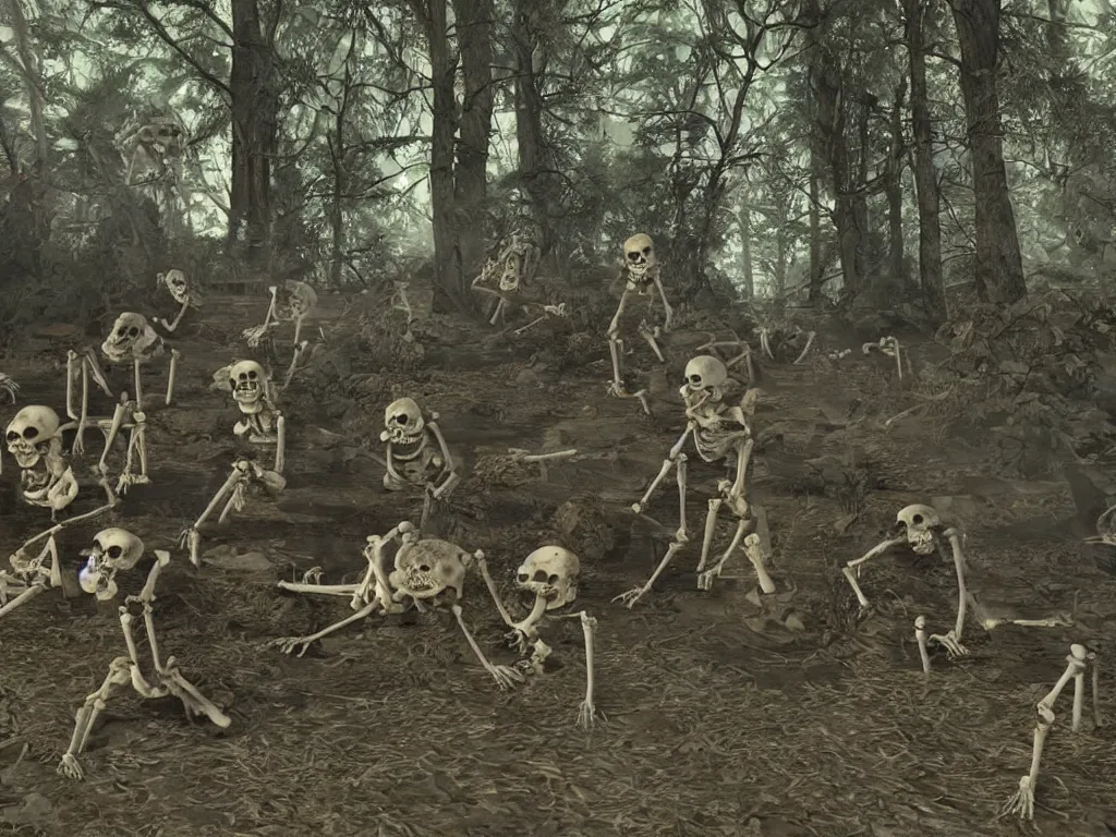 Image similar to frightened screaming human skeletons on amateur home video being attacked by raccoons at night in a dark forest at night, photorealistic amateur photography low camera angle, unreal engine 5 render