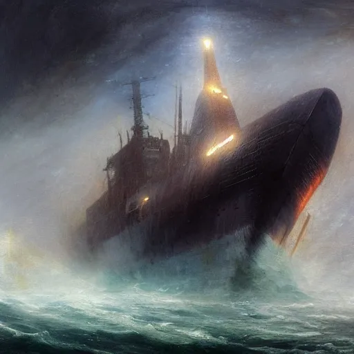 Prompt: a detailed spaceship sinking in a stormy sea, science fiction, oil painting by Caspar Friedrich, Greg Rutkowski, JMW Turner, trending on artstation, unreal engine