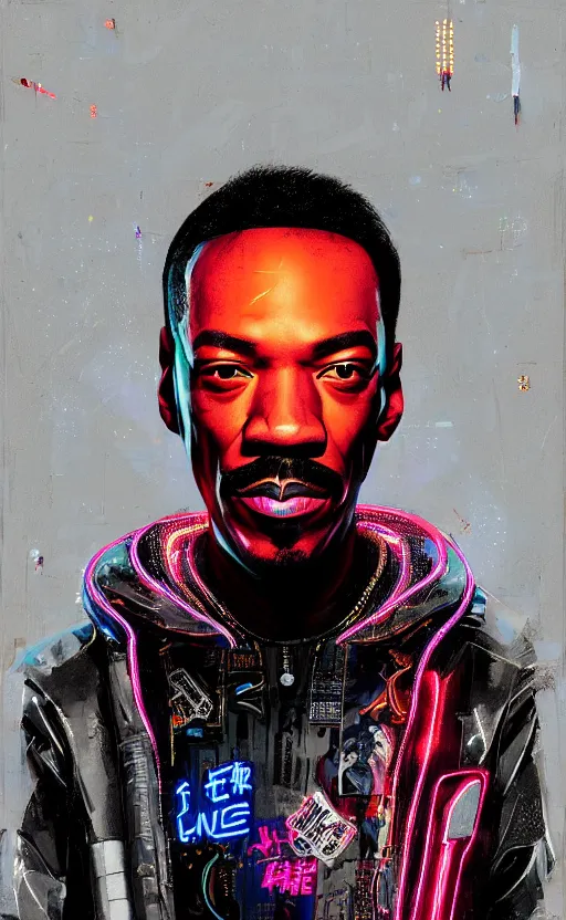 Prompt: detailed portrait Eddie Murphy Neon Operator, cyberpunk futuristic neon, reflective puffy coat, decorated with traditional Japanese ornaments by Ismail inceoglu dragan bibin hans thoma greg rutkowski Alexandros Pyromallis Nekro Rene Maritte Illustrated, Perfect face, fine details, realistic shaded, fine-face, pretty face