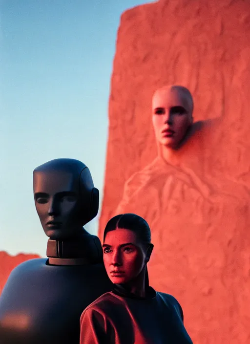 Image similar to cinestill 5 0 d photographic portrait of two loving female androids wearing rugged black techwear on a desolate plain with a red sky in front of a brutalist sculpture, extreme closeup, cyberpunk style, dust storm, 8 k, hd, high resolution, 3 5 mm, f / 3 2, ultra realistic faces, ex machina