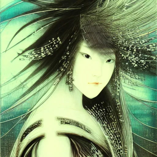 Image similar to yoshitaka amano blurred and dreamy illustration of a japanese woman with black eyes, wavy white hair fluttering in the wind wearing elden ring armor with engraving, abstract patterns in the background, noisy film grain effect, highly detailed, renaissance oil painting, weird portrait angle, blurred lost edges, three quarter view