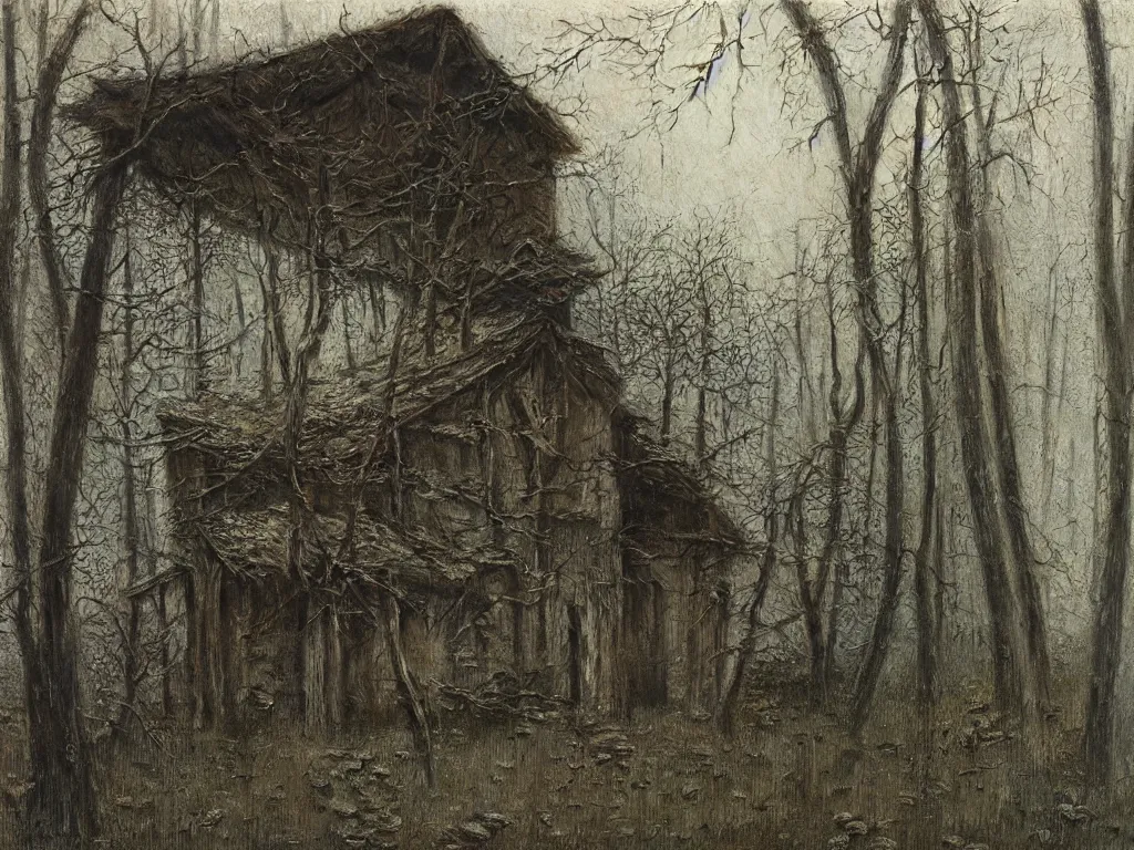 Image similar to abandoned wooden house in the woods, by zdzislaw beksinski, oil on canvas