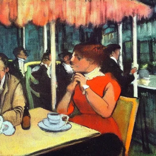 Prompt: vintage paris cafe, klingon sitting at outdoor table, oil painting, expressionism, degas.