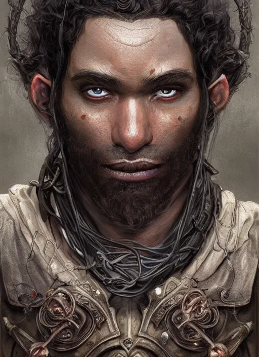 Prompt: male gruntly halfling mage with dark skin and a rat-like face ,beautiful detailed eyes, dirty, fantasy, intricate, rough, highly detailed, digital painting, 4k, HDR, concept art, detailed jewelry, smooth, sharp focus, illustration, art by Artgerm, H R Giger and Alphonse Mucha