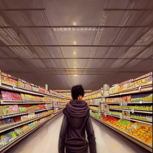 Image similar to a beautiful painting of a pristine and sterile supermarket grocery store, representative of the art style of artgerm and wlop and peter mohrbacher, portrait