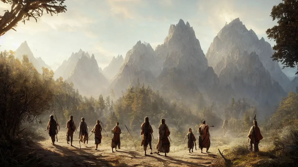 Image similar to highly detailed image of a group of indigenous travelers, walking in a line, traditional clothing, unreal engine, fantasy art by greg rutkowski, mountains, lake, hunter, by greg rutkowski, cgsociety, ferdinand knab, rossdraws, tom bagshaw, global illumination, radiant light, detailed and intricate environment