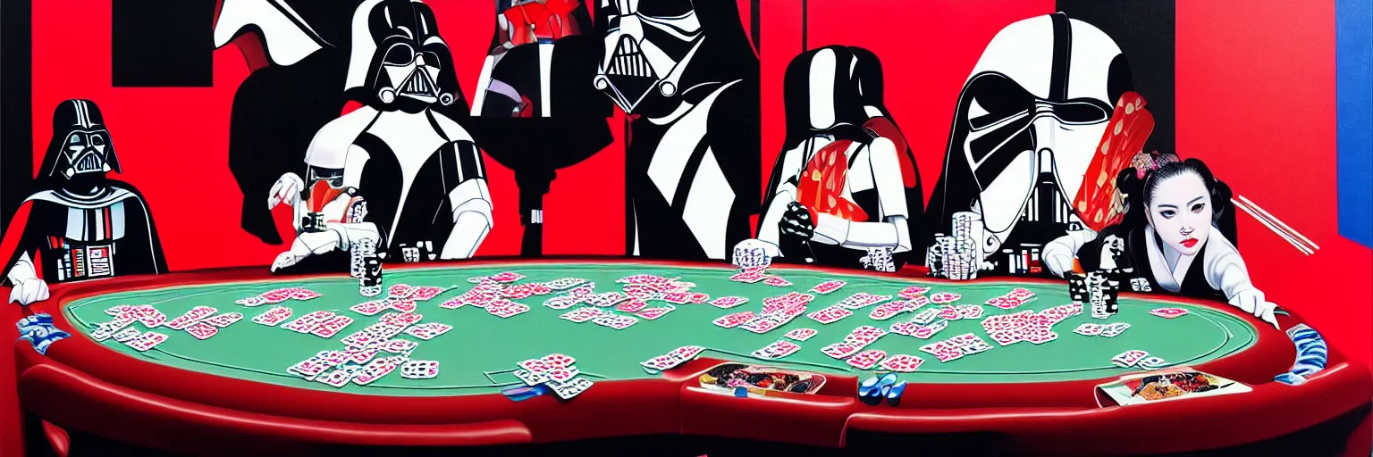 Image similar to hyperrealism composition of the detailed woman in a japanese kimono sitting at an extremely detailed poker table with darth vader and stormtrooper, fireworks on the background, pop - art style, jacky tsai style, andy warhol style, acrylic on canvas