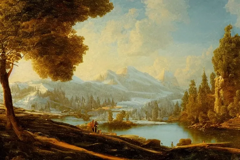 Image similar to beautiful landscape with winter and lake and pine trees, mythology, fantasy, landscape background, vivid colors, digital painting, very detailed, realistic, high quality, by claude lorrain