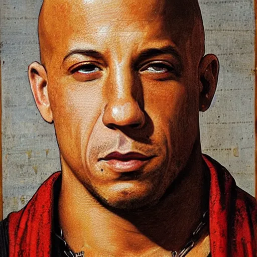 Prompt: Medieval painting of Vin Diesel. Dramatic. High resolution. Highly detailed. Art station. 8k
