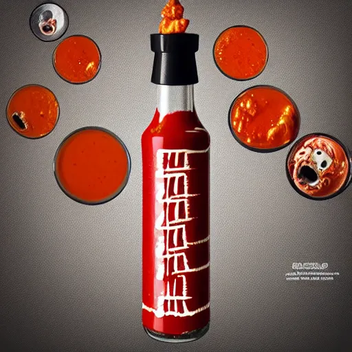 Prompt: Photorealistic hot sauce bottle with writhing souls inside. Hyperdetailed photorealism, 108 megapixels, sinister color scheme, artstation concept art