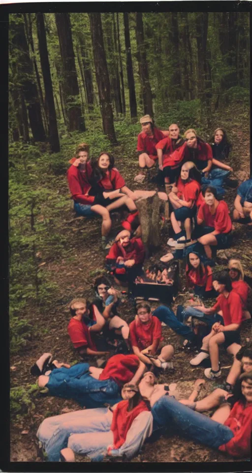 Image similar to polaroid photo of 9 0's highschool teenagers camping in the woods by a river holding red cups, sunset, campfire, realistic, grainy image, iso 1 6 0 0, blurred