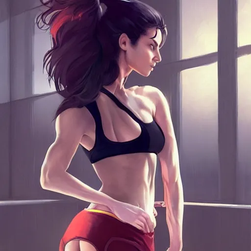 Prompt: beautiful woman working out in a gym, abs, art by greg rutkowski, artgerm, artstation, highly detailed, pretty, gorgeous, cute