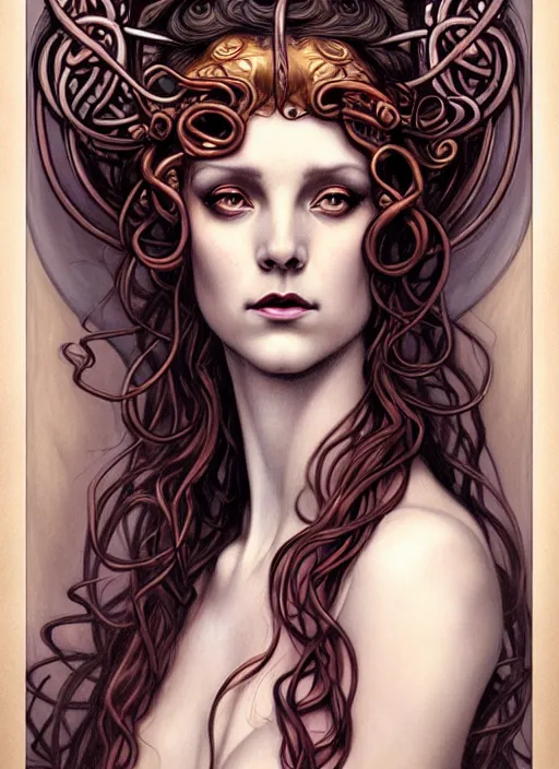 Image similar to an art nouveau, medusa portrait in the style of charlie bowater, and in the style of donato giancola, and in the style of charles dulac. very large, clear, expressive, intelligent eyes. symmetrical, centered, ultrasharp focus, dramatic lighting, photorealistic digital painting, intricate ultra detailed background.