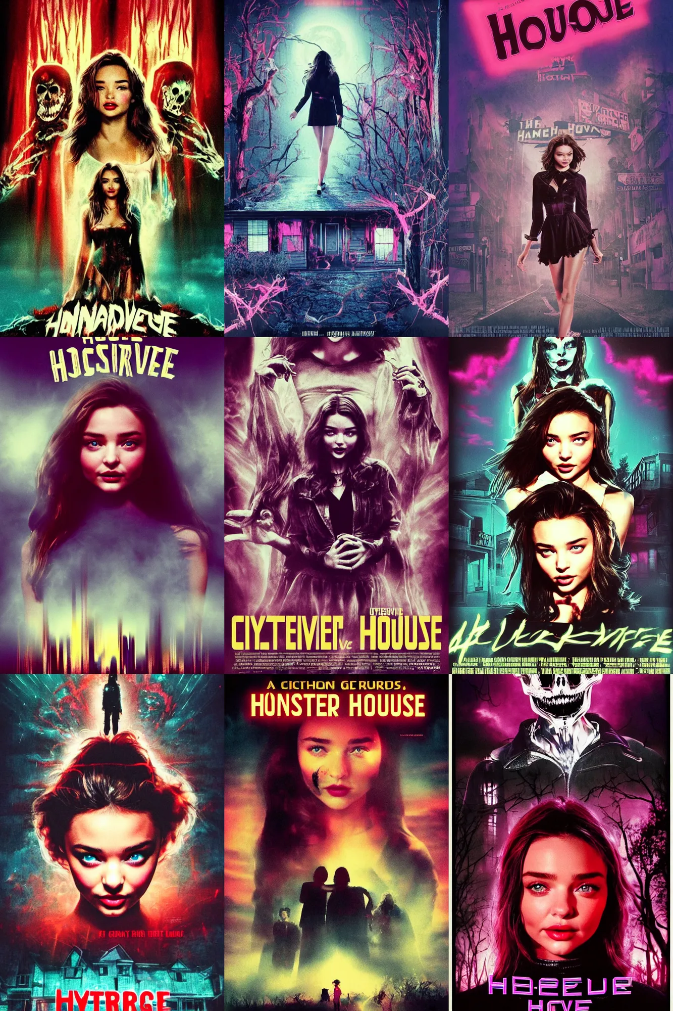 Prompt: a movie poster, movie poster, 1980, cyberwave, movie poster, horror movie staring miranda kerr, haunted house themed, by synthwave cyberwave