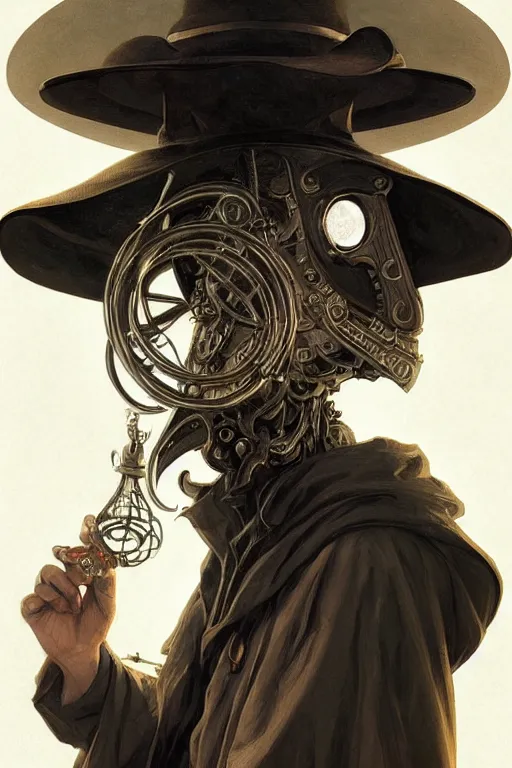 Image similar to plague doctor, plague mask, cyberpunk, intricate, elegant, highly detailed, digital painting, artstation, concept art, smooth, sharp focus, illustration, art by artgerm and greg rutkowski and alphonse mucha