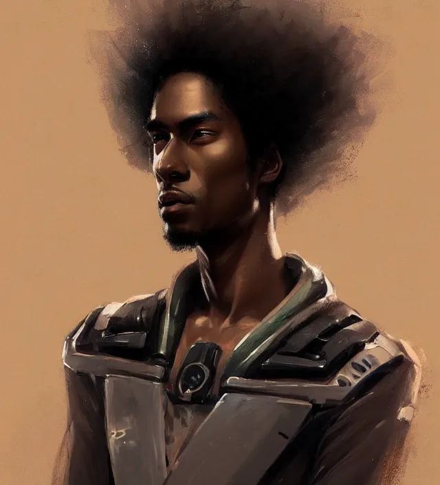 Image similar to portrait of a man by greg rutkowski, he is about 2 5 years old, mixture between afroamerican and japanese, afro hair, geisha tatoos, very tall and slender, he is wearing a futuristic police gear, highly detailed portrait, digital painting, artstation, concept art, smooth, sharp foccus illustration, artstation hq