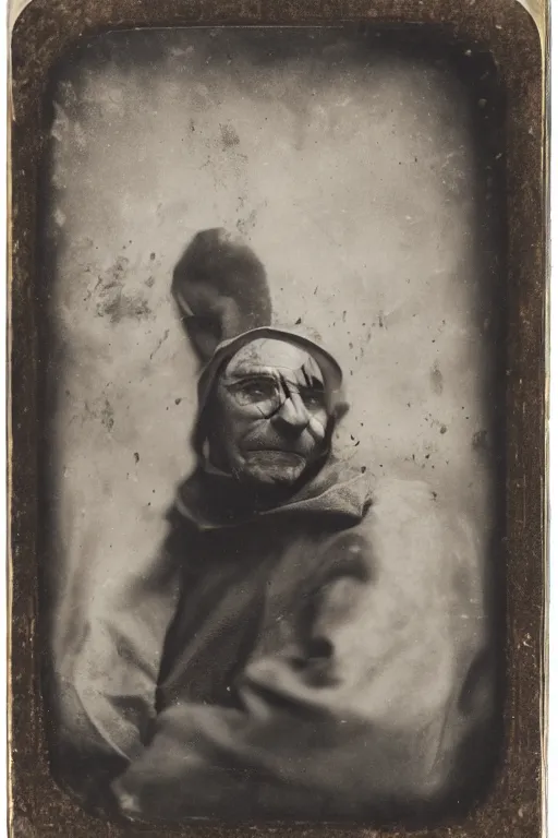 Image similar to a wet plate photo of a weasel friar