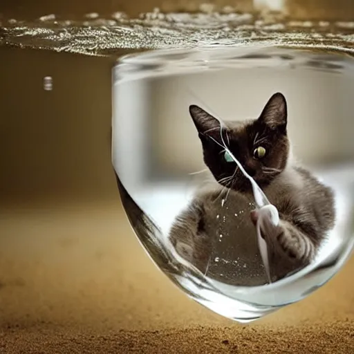 Prompt: photo of a cat swimming inside a glass of martini, on the beach