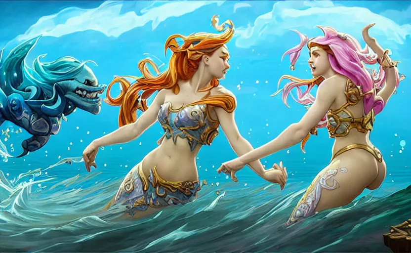 Image similar to looking up at two mermaids leaping from sea to fistbump in midair, whimsical, dungeons and dragons, league of legends splash art, heroes of the storm splash art, hearthstone splash art, world of warcraft splash art, overwatch splash art, art by artgerm, art by alphonse mucha, intricately detailed, highly detailed, trending on artstation,