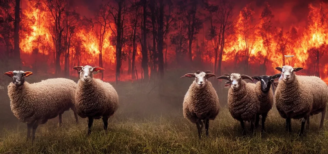 Image similar to full body portrait of three sheep watching a forest fire, smoke, flames, dark, gloomy, horror, screaming, insanely detailed, photorealistic, cinematic, dramatic lighting,