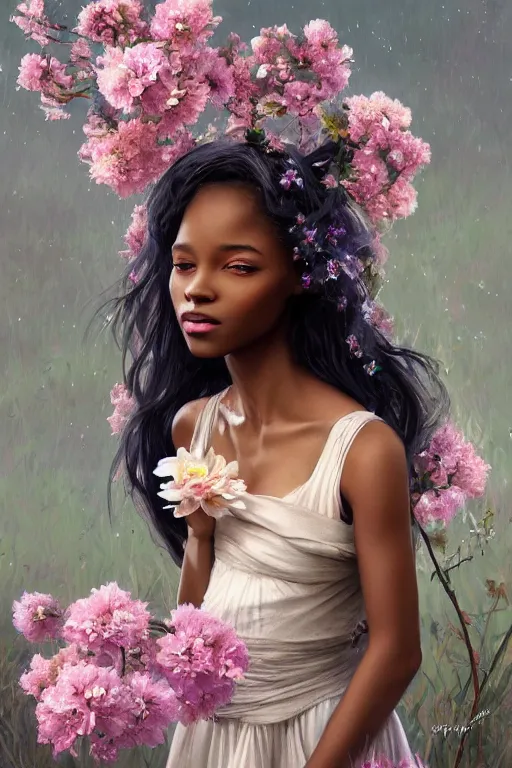 Image similar to ultra realistic illustration, black american girl with flowers blossoming from her hair, standing seductively, wearing night dress, night time, moonlight, snowy, volumetric lighting, elegant, highly detailed, digital painting, concept art, smooth, sharp focus, illustration, art by artgerm and greg rutkowski and alphonse mucha
