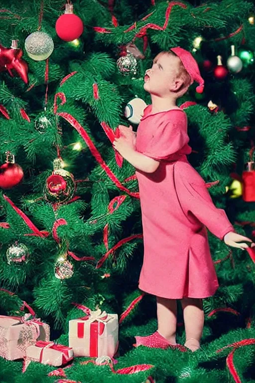 Image similar to retro photo cat in cute baby dress on the background of a retro christmas tree with 1 9 7 0 new year's toys, ussr, sovet ; kodak ektar, 2 0 0 iso, 3 5 mm lens, bill henson style beautiful chiaroscuro lighting, beautiful colour palette, beautiful and realistic, wide shot