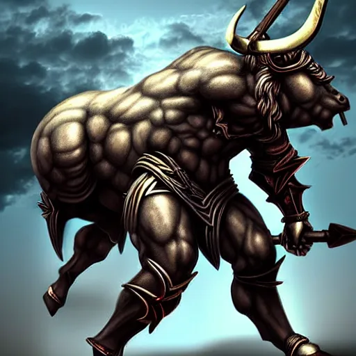 Prompt: epic bull headed minotaur beast in heavy ornate armor wielding giant axe, artwork, concept art, greek mythology, modern design, dark fantasy, digital painting, artstation, d&d