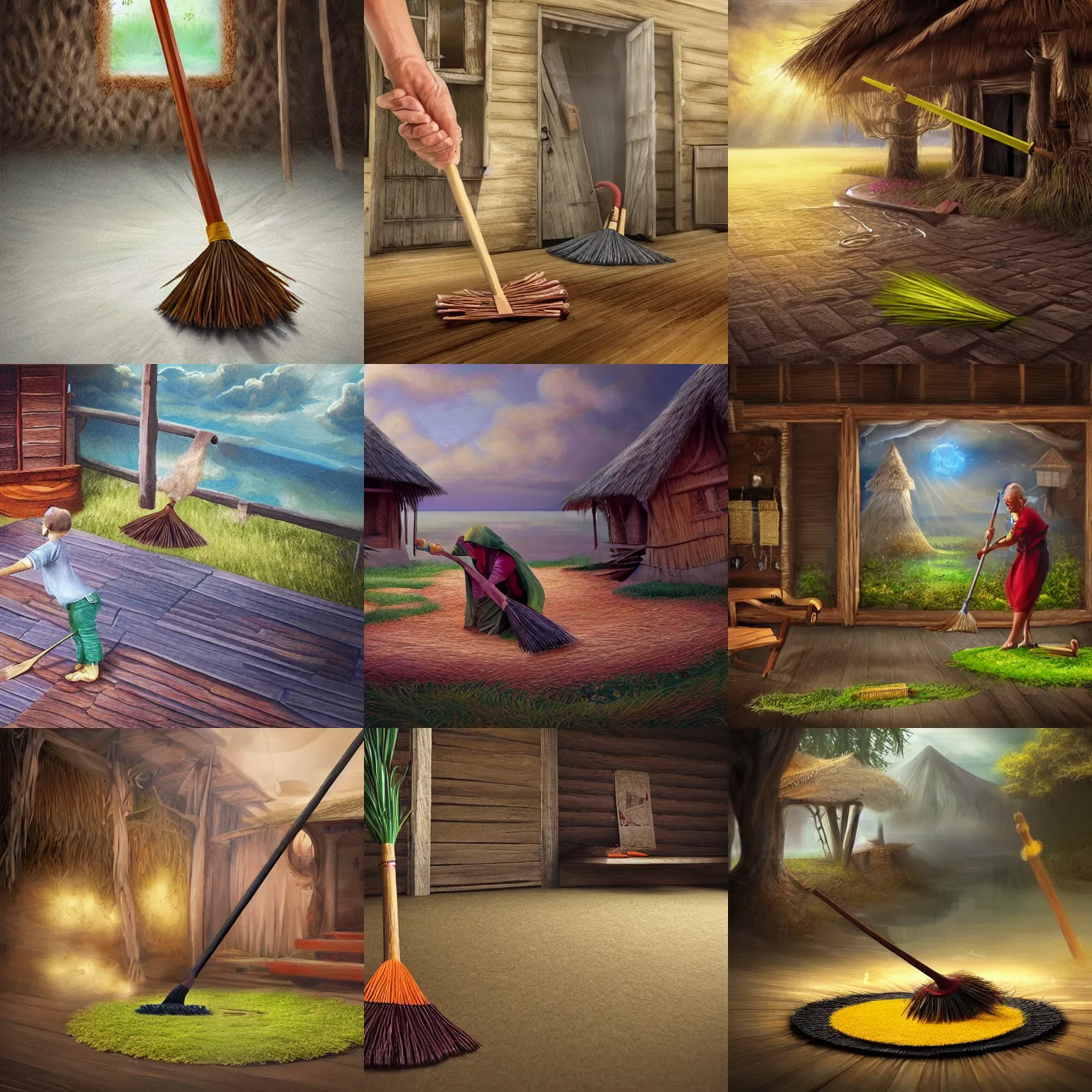 Prompt: fantasy art of a floating broom sweeping the floor of a hut, photorealistic