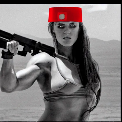 Image similar to Female Rambo, muscular woman with red headband and machine gun, 1983 cinematic