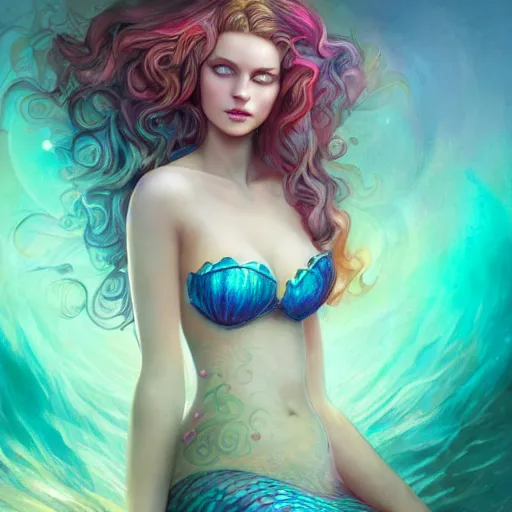 Prompt: beautiful mermaid with long curly hair, swimming in the ocean, seashells as bra, colorful magical details, magical atmosphere, cinematic lighting, hyper - detailed, cgsociety, 8 k, high resolution, in the style of charlie bowater, tom bagshaw, alexis franklin, elena masci, pawel rebisz