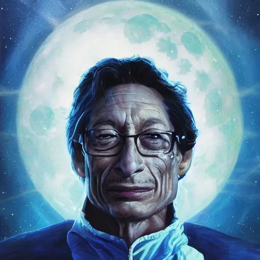 Image similar to sci - fi, close - up, 3 d, moon rays, night, jim varney face, cinematic, clouds, moon rays, vogue cover style, poster art, blue mood, realistic painting, intricate oil painting, high detail illustration, figurative art, multiple exposure, water, 3 d, by tooth wu and wlop and beeple and greg rutkowski