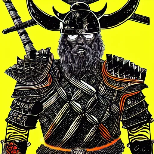 Image similar to mork borg, armored vikings coming out of red waves, graphic, black and yellow, intricate, ultra detailed