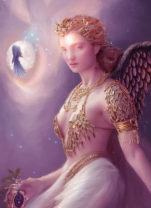 Image similar to A beautiful digital painting of a female angel full of jewels, princess, the moon behind her, intricate, cinematic lighting, highly detailed, digital painting, Artstation, concept art, smooth, sharp focus, illustration, art by Tom Bagshaw, Artgerm and Greg Rutkowski