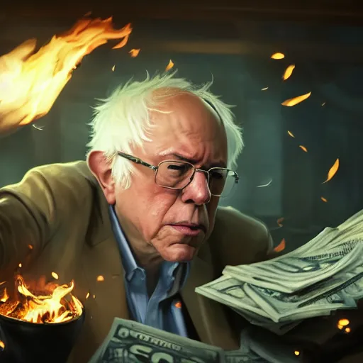 Image similar to portrait of bernie sanders burning money, league of legends amazing splashscreen artwork, splash art, natural light, elegant, photorealistic facial features, intricate, fantasy, detailed face, atmospheric lighting, anamorphic lens flare, cinematic lighting, league of legends splash art, hd wallpaper, ultra high details by greg rutkowski