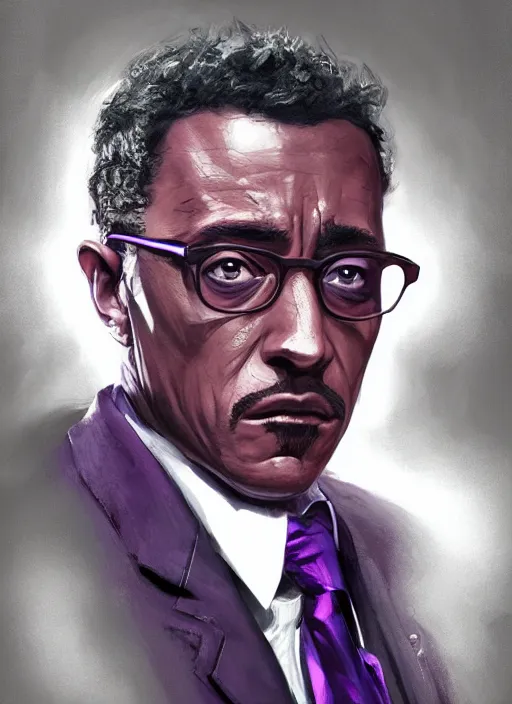 Prompt: Gustavo Fring wearing a dark purple suit, elegant, digital painting, concept art, smooth, sharp focus, illustration, from StarCraft by Ruan Jia and Mandy Jurgens and Artgerm and William-Adolphe Bouguerea