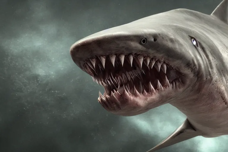 Prompt: a humanized shark made of muscles and flesh, very angry, teeth, ambient light, terror, glows, realistic, photo-realism, hyper realism, picture, detailed, 3D render, scary, distant shot, in the distance,