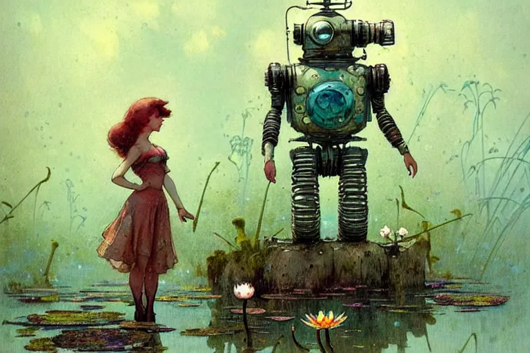 Image similar to adventurer ( ( ( ( ( 1 9 5 0 s retro future robot cyborg bolthole. muted colors. swamp, fairies, water lilies ) ) ) ) ) by jean baptiste monge!!!!!!!!!!!!!!!!!!!!!!!!! chrome red