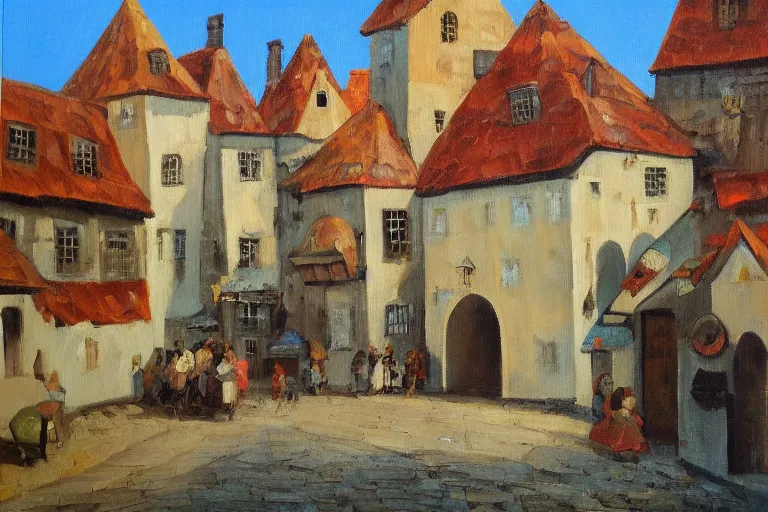 Image similar to middle ages town, oil painting, oil in canvas, brushstrokes