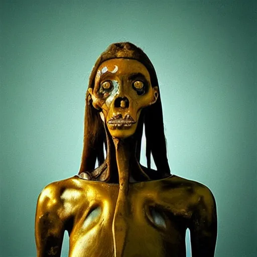 Image similar to “ surrealistic full body photo of a very primitive pre-human Neanderthal woman jewel melted in a meatball gold jewel like a mitological temple with smeralds and diamonds , anthropology photography, color kodakcrhome 64,National Geographic ”