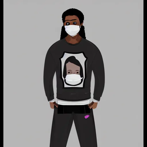 Prompt: professional digital art of a young adult man with slightly long hair wearing a black face mask and a form-fitting dark sweatshirt with dark sweatpants, high quality, HD, 8K, highly detailed, award-winning, fantasy, aloof